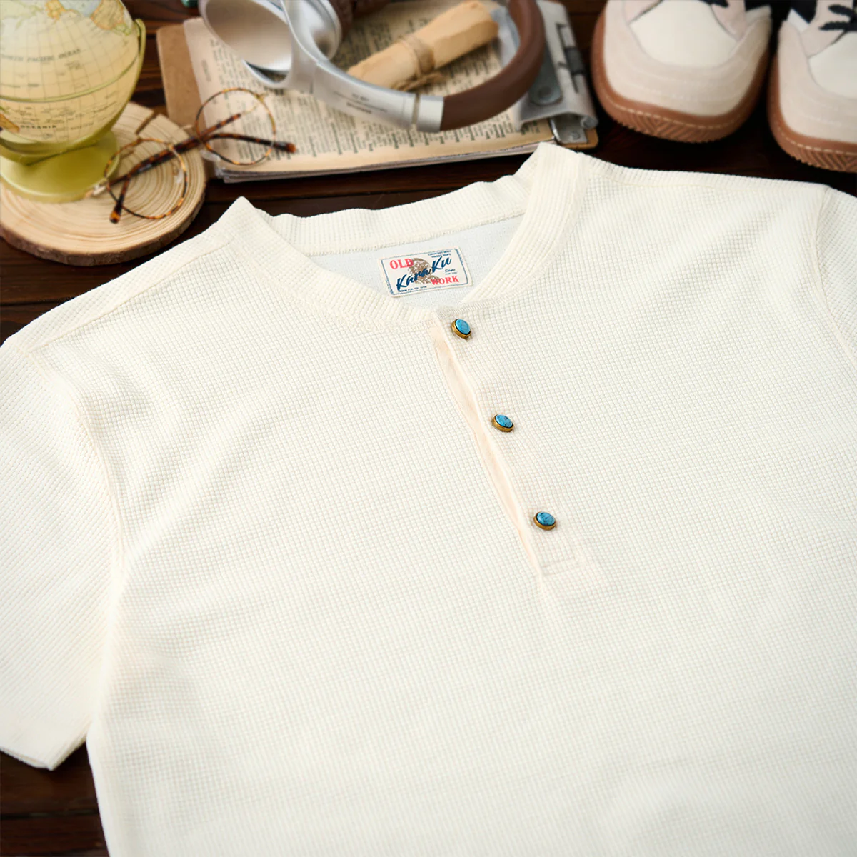 ターコイズ風ボタン付き ワッフルヘンリーTシャツ - Image 6