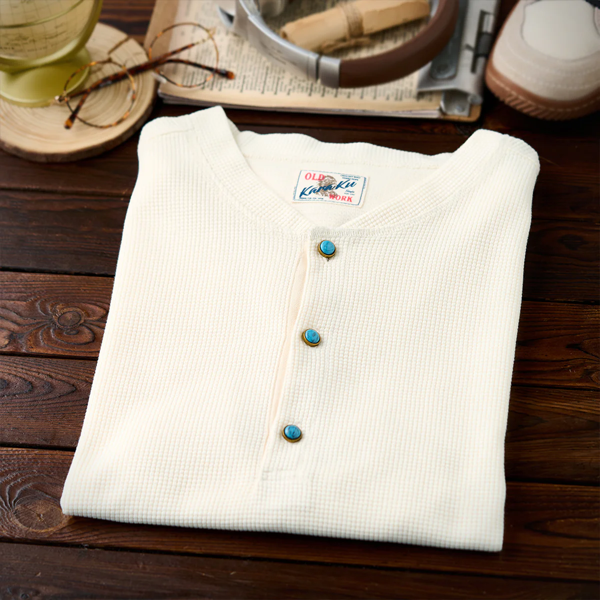 ターコイズ風ボタン付き ワッフルヘンリーTシャツ - Image 7