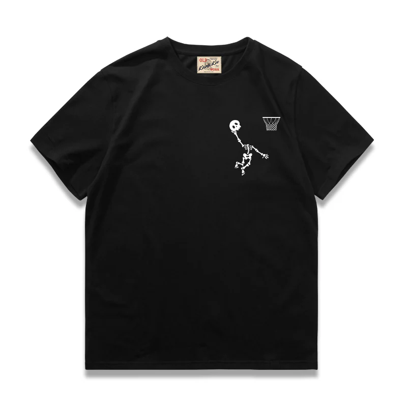 「ダンクシュートを決める骸骨」プリント コットン半袖Tee