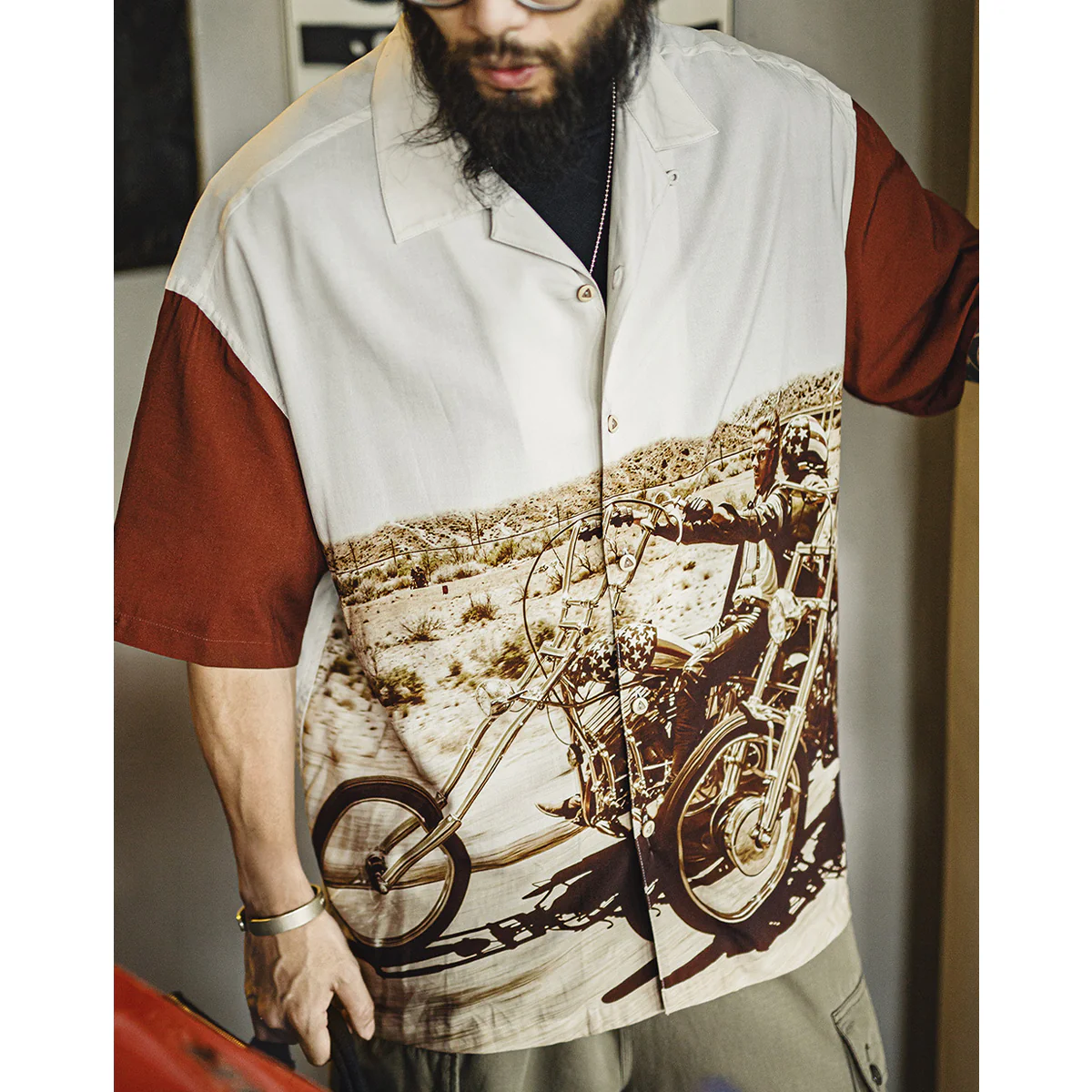 「アメリカのバイクカルチャー」デジタルプリント　袖配色キューバシャツ - Image 11