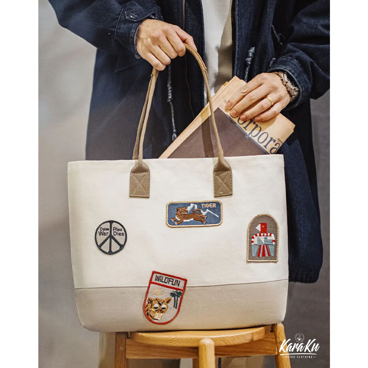 レトロ調刺繍ワッペン入り バイカラーキャンバストートバッグ - Image 11
