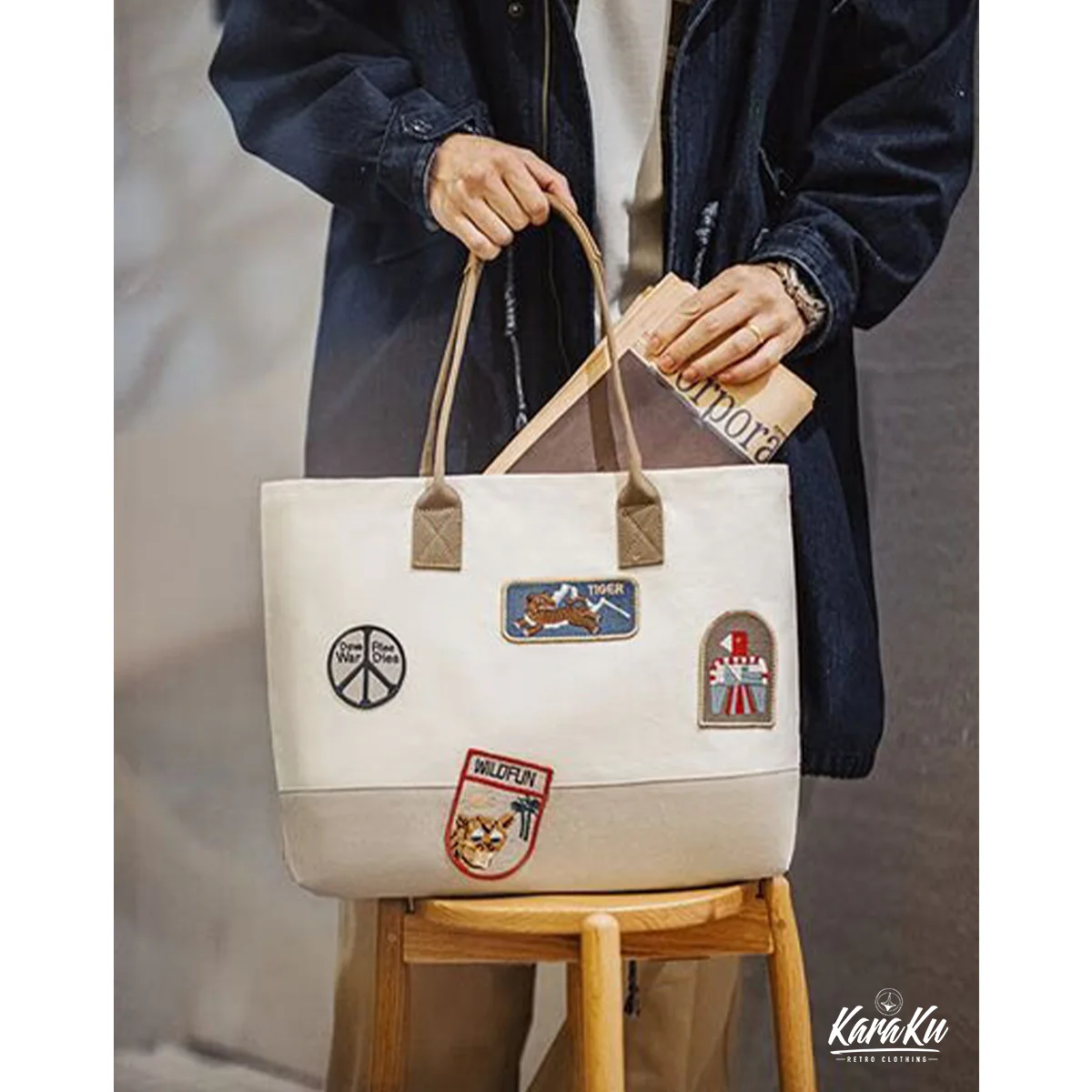 レトロ調刺繍ワッペン入り バイカラーキャンバストートバッグ - Image 5