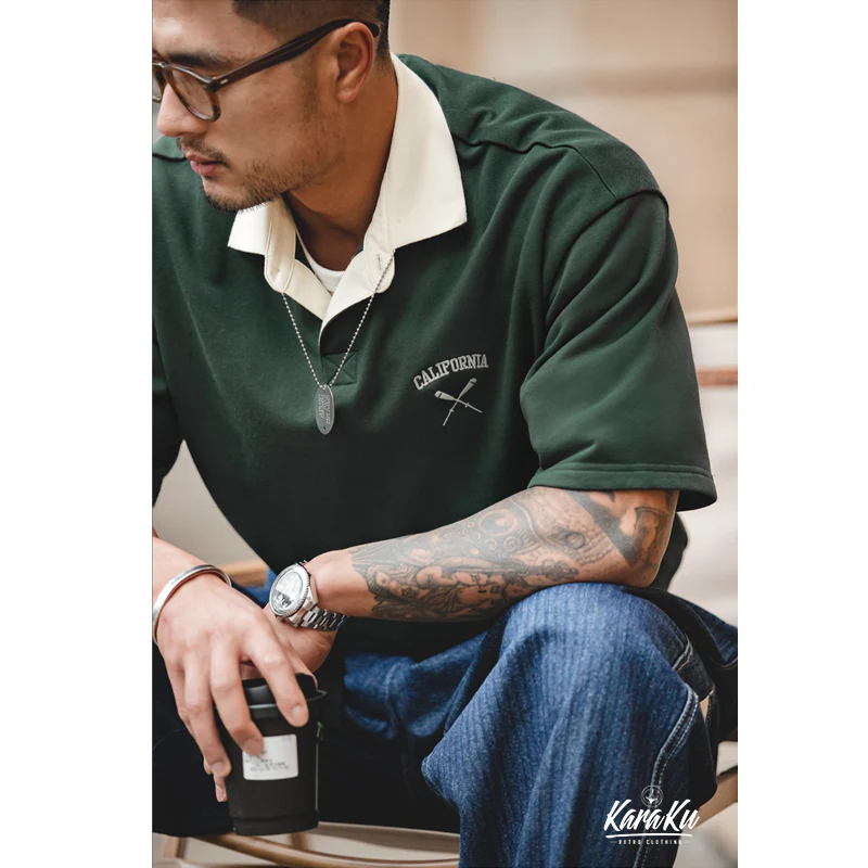 CALIFORNIA&野球バット刺繍入り 襟配色ポロシャツ - Image 10
