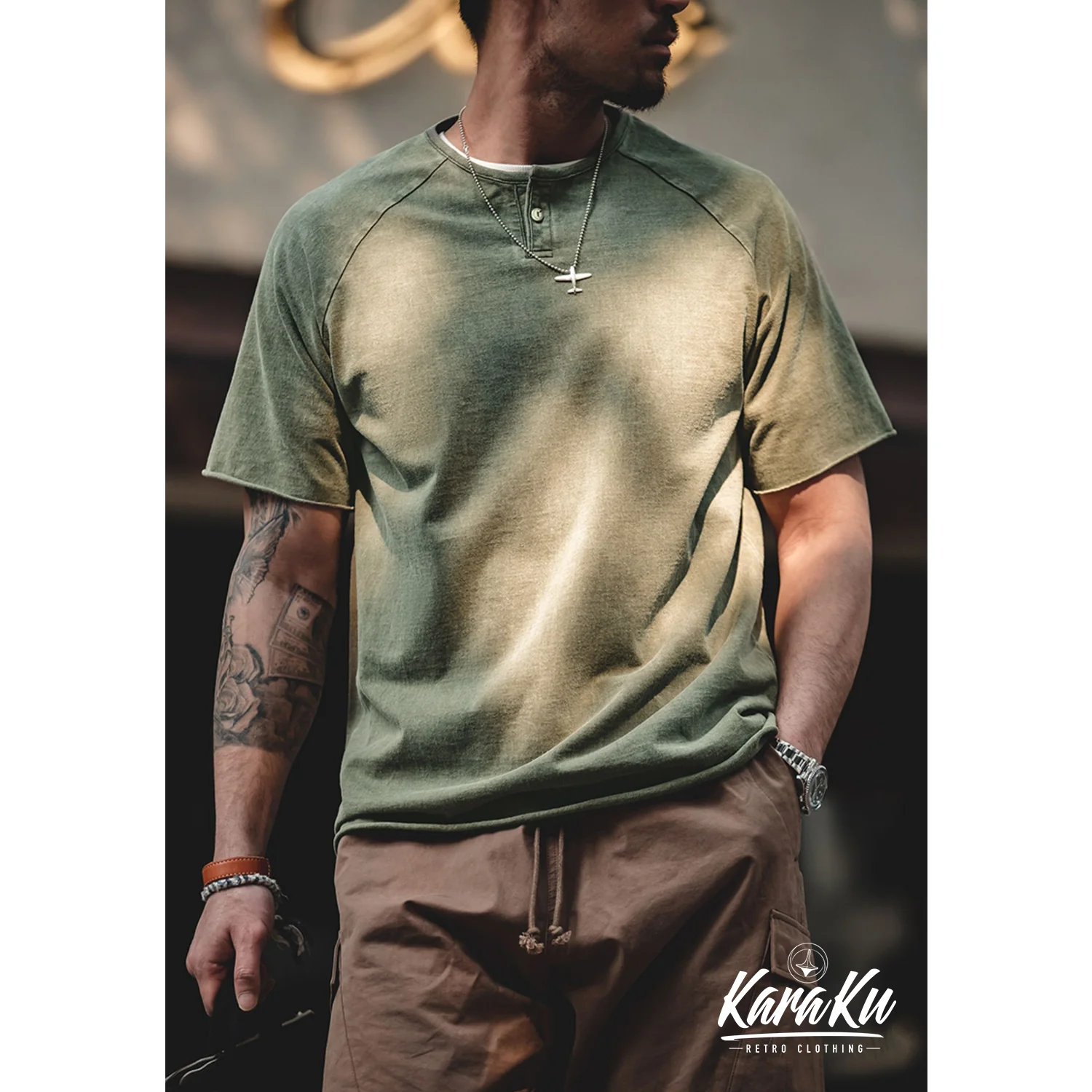 ウォッシュ加工 ヘンリーネックTシャツ - Image 3