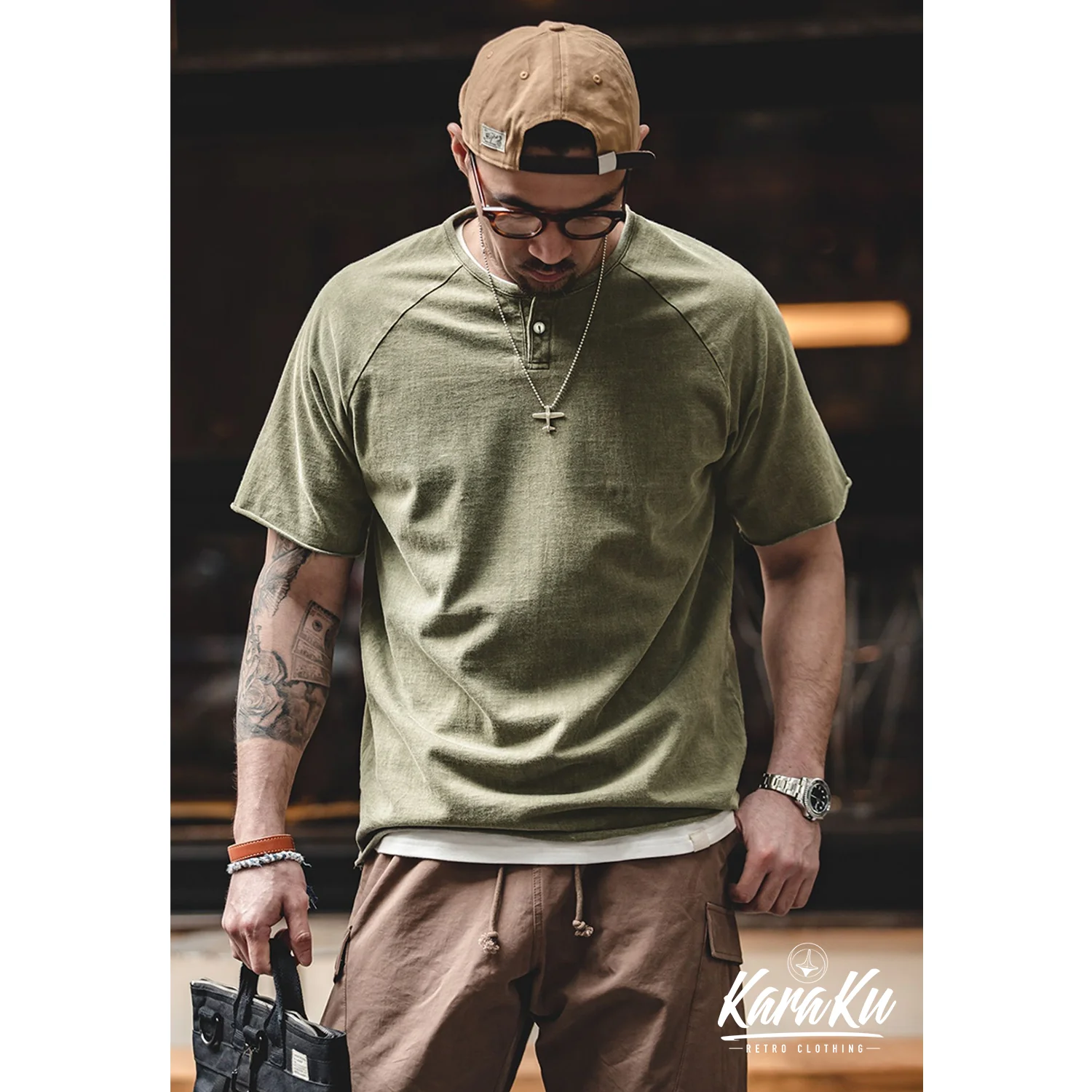 ウォッシュ加工 ヘンリーネックTシャツ - Image 4