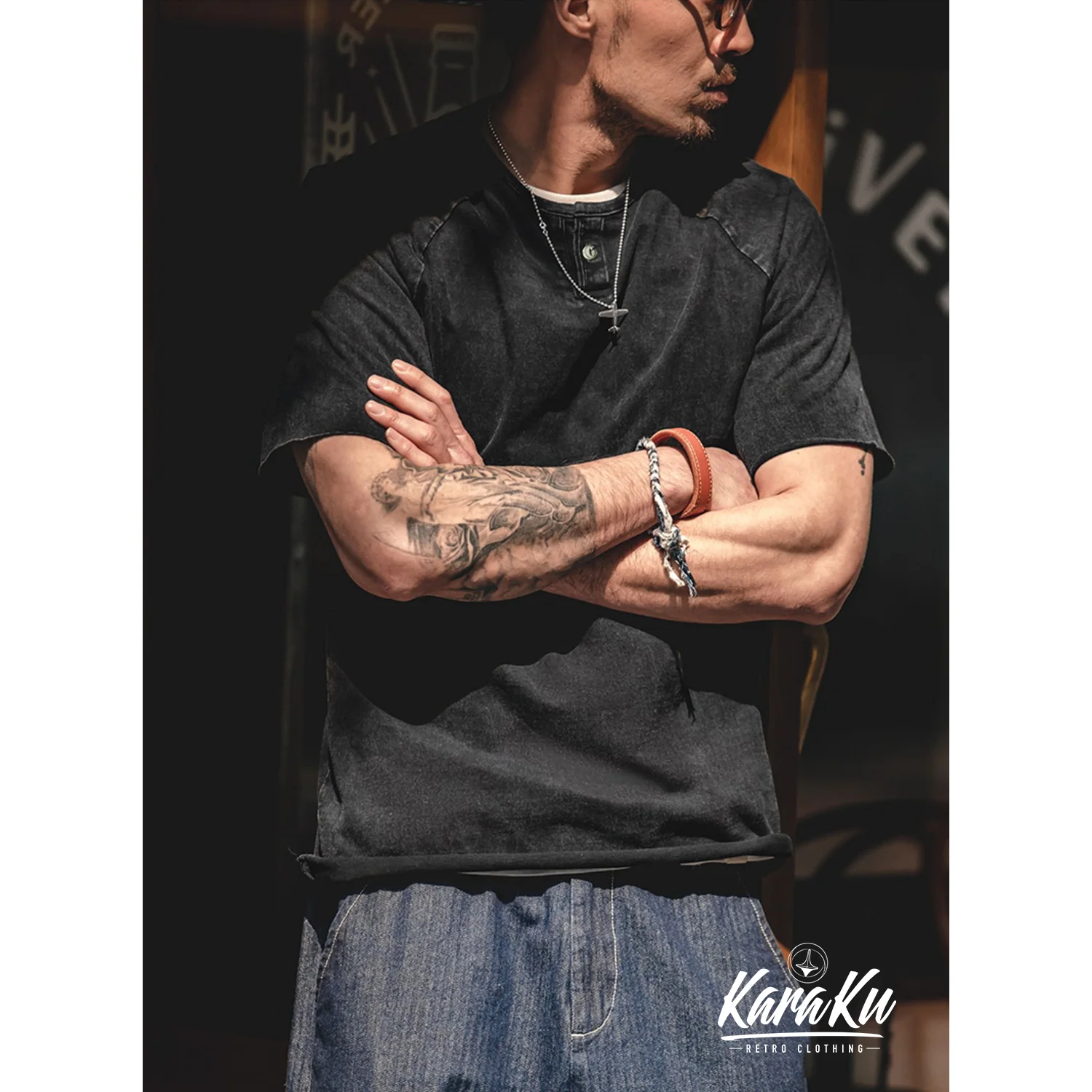 ウォッシュ加工 ヘンリーネックTシャツ - Image 8