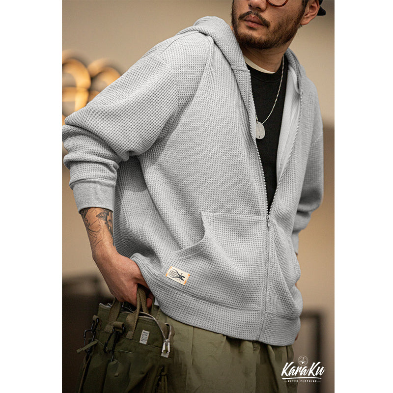 フード付 ワッフル編みニットカーディガン - Image 3