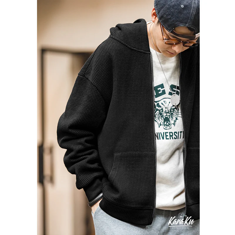 フード付 ワッフル編みニットカーディガン - Image 8