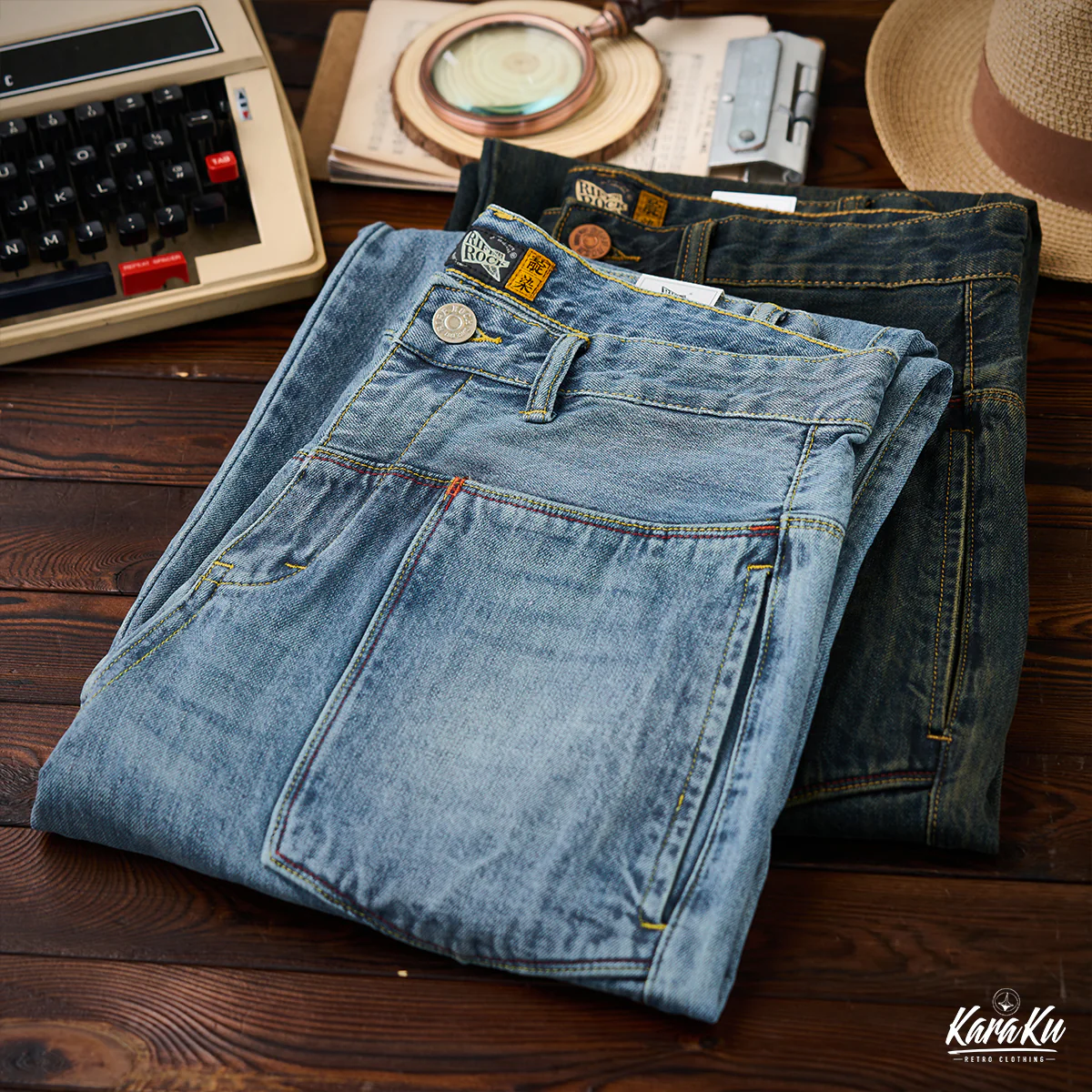 ウォッシュ加工　ユニークポケット 2色ステッチデニムパンツ - Image 5