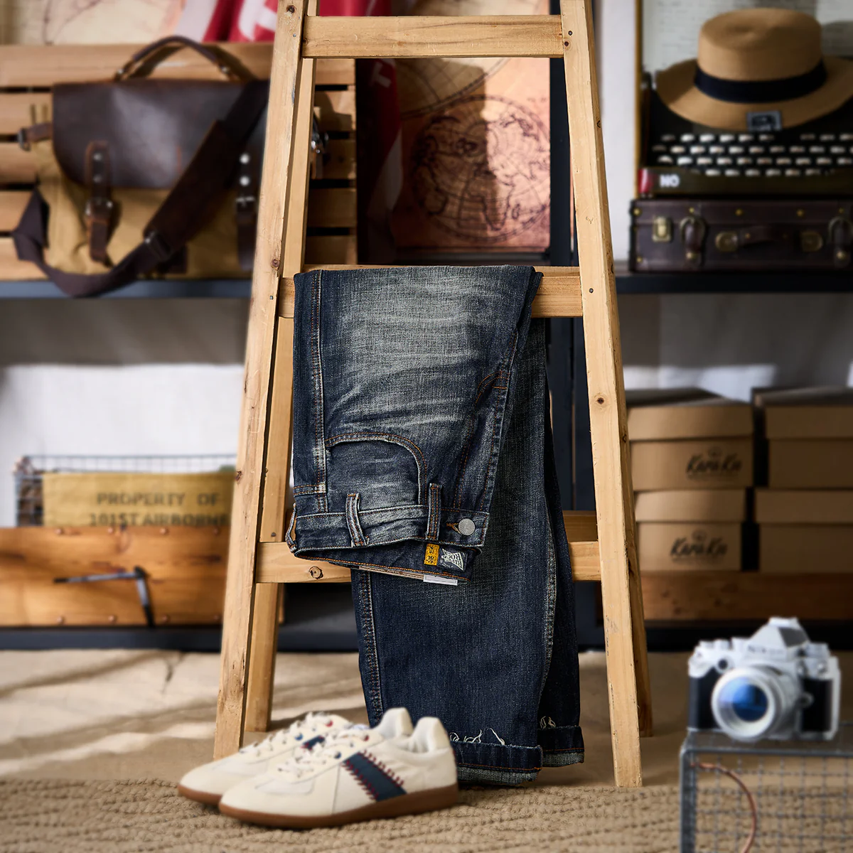 ウォッシュドヒゲ&裾カットオフ加工 ストレートデニムパンツ - Image 3