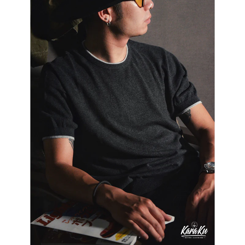 Old Money Style カシミヤ混ティップラインニットTシャツ - Image 5