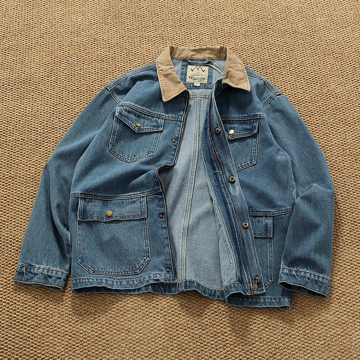 襟配色 ウォッシュ加工デニムワークジャケット - Image 3