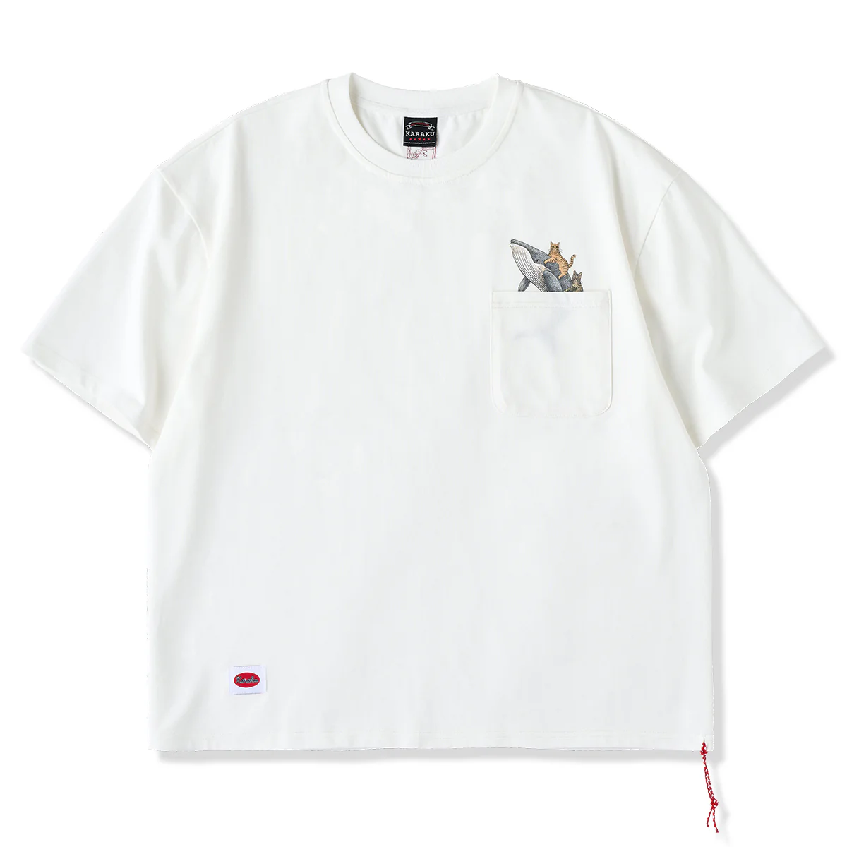 「KaraKuｘ365CAT.ART」紅白ヒモ付き　鯨と泳ぐ猫柄コットンTee