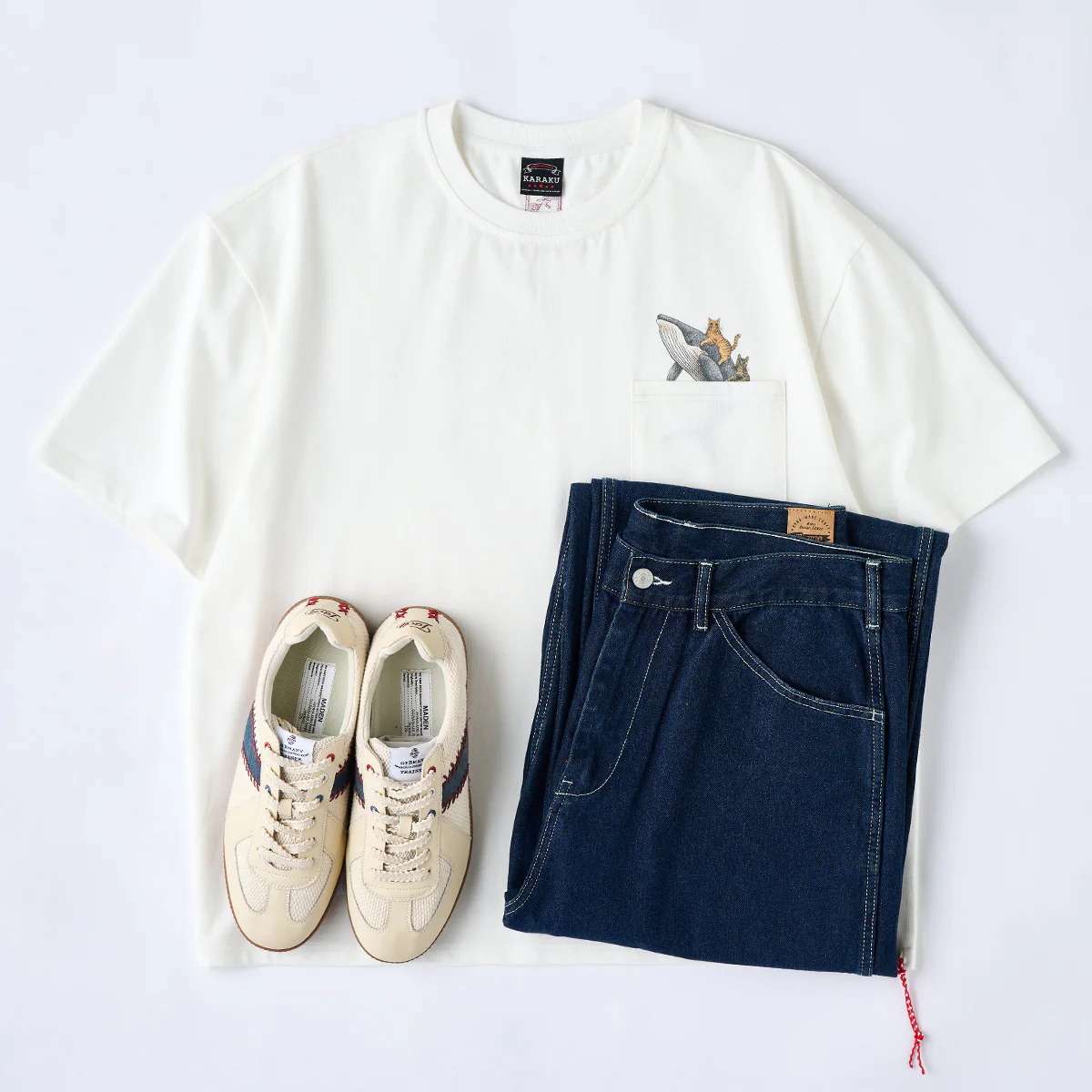 「KaraKuｘ365CAT.ART」紅白ヒモ付き　鯨と泳ぐ猫柄コットンTee - Image 19