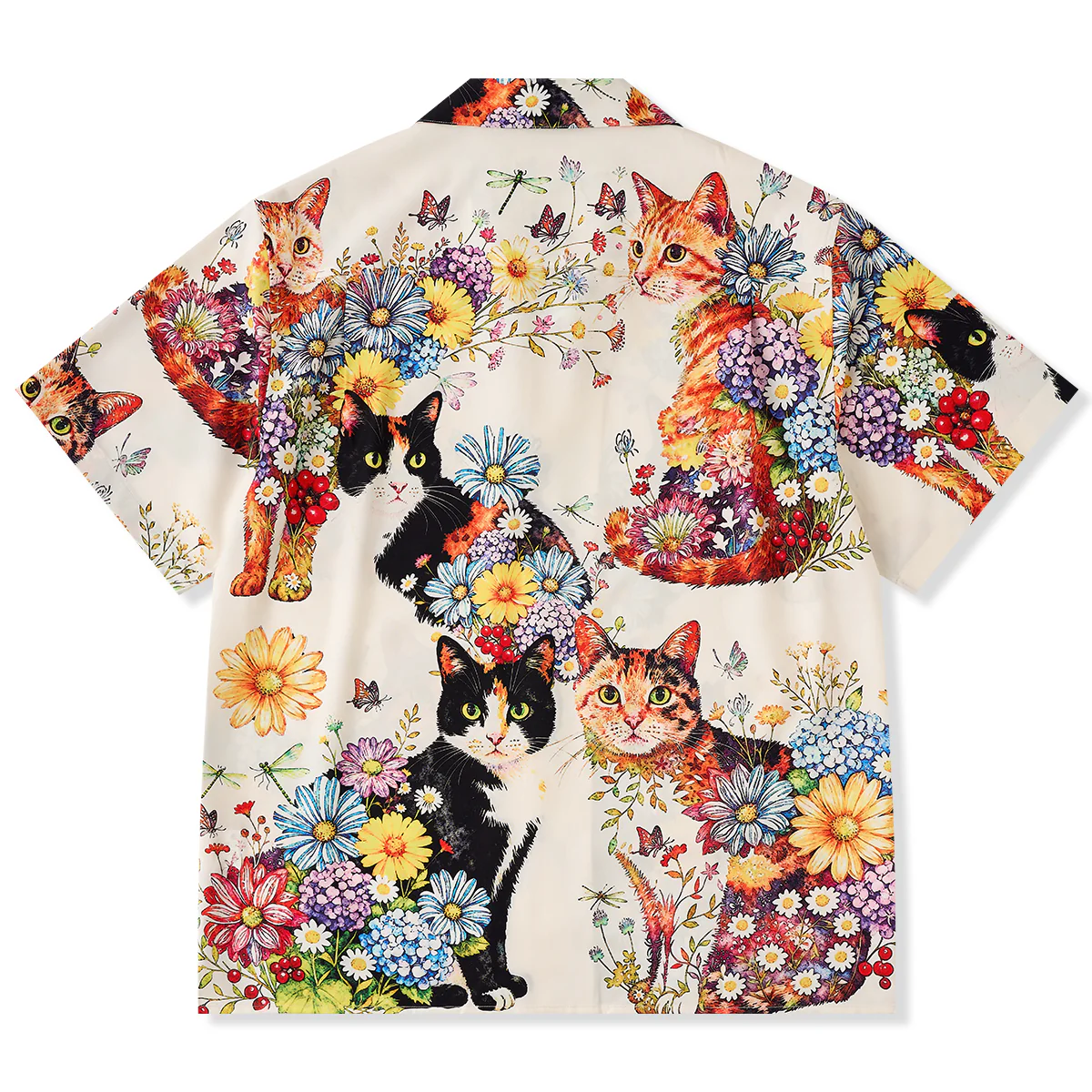 「猫たちと秘密の庭」水彩画風プリントアロハシャツ - Image 2