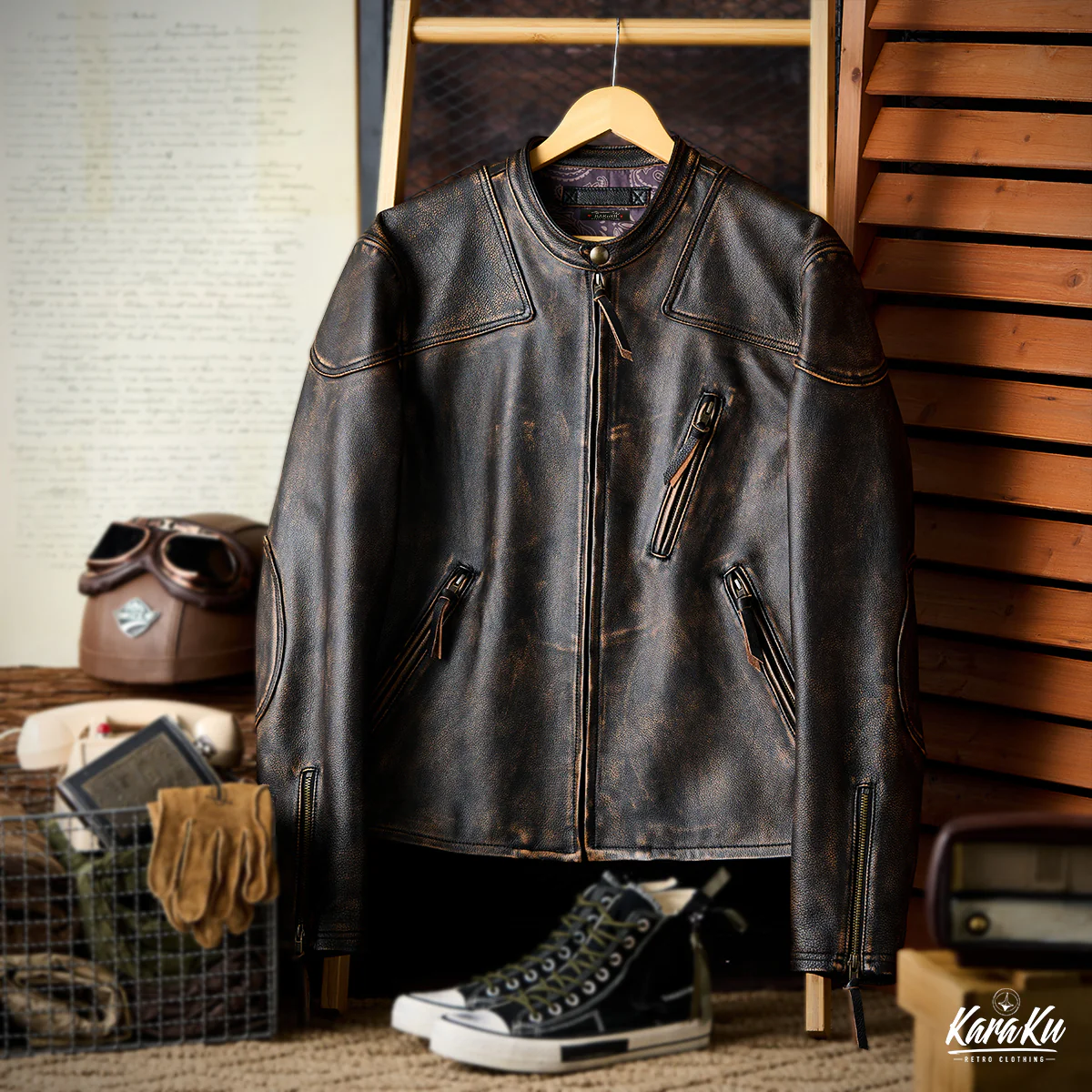 本革　裏ペイズリー柄スリムフィットライダースジャケット - Image 4