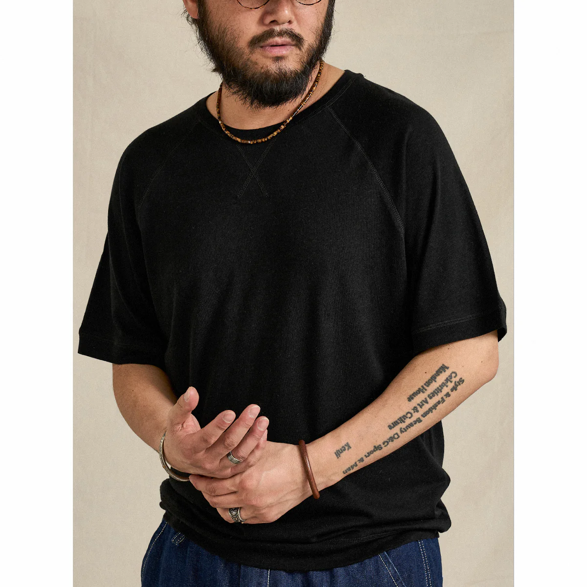 Vガゼット入り ヘンプ×ウール混紡オーダーメイド生地半袖Tシャツ - Image 7