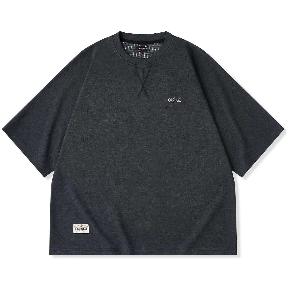 Karaku刺繍入り　スラブ×コットンチェックボンディング生地ラグランスリーブTシャツ