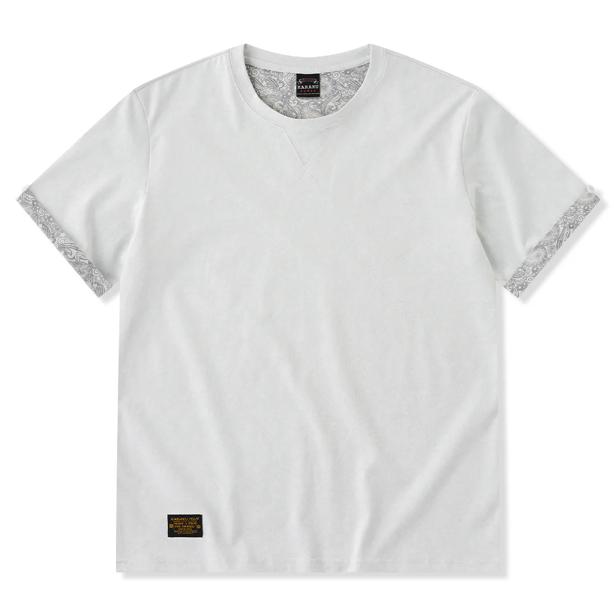 Vガゼット入り　無地×ペイズリー柄ボンディング生地半袖Tシャツ