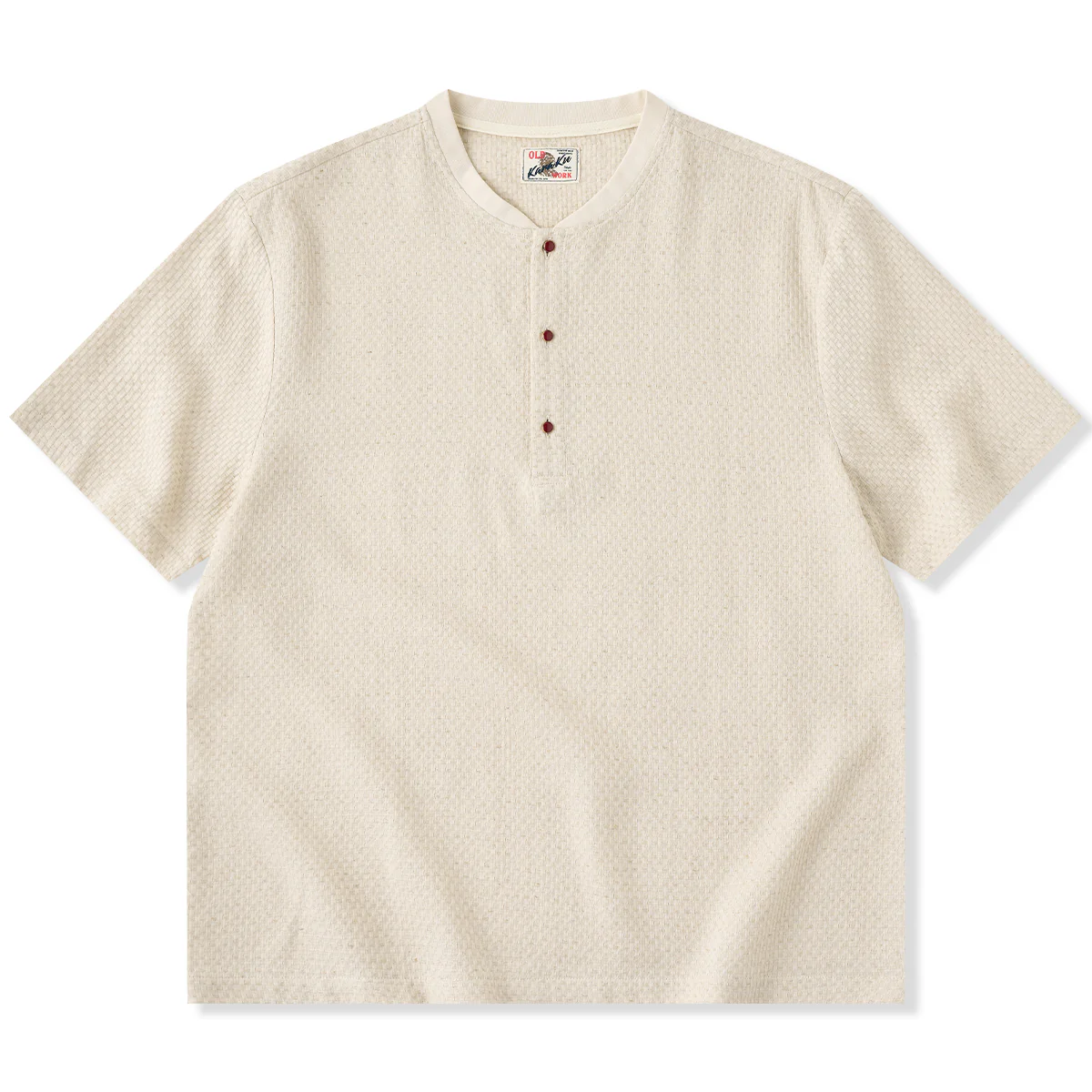 【予約】リネン混紡織り込むテクスチャー　レッドボタン付きヘンリーネックTシャツ