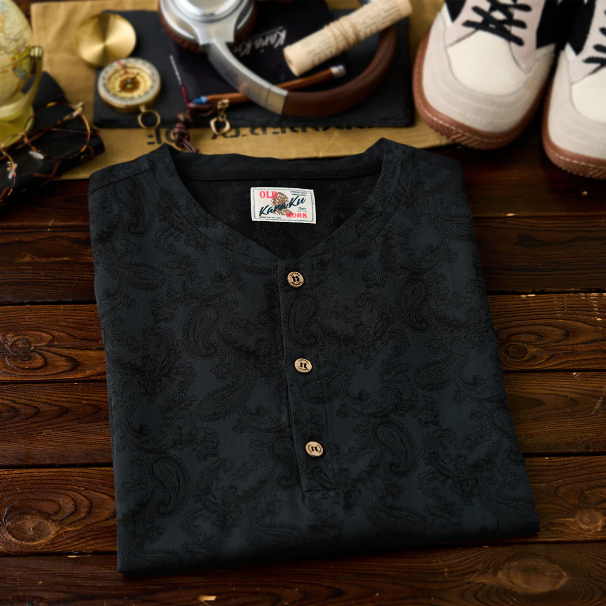 【予約】ウール混　ペイズリー柄ジャカード織りヘンリーネックTシャツ - Image 5
