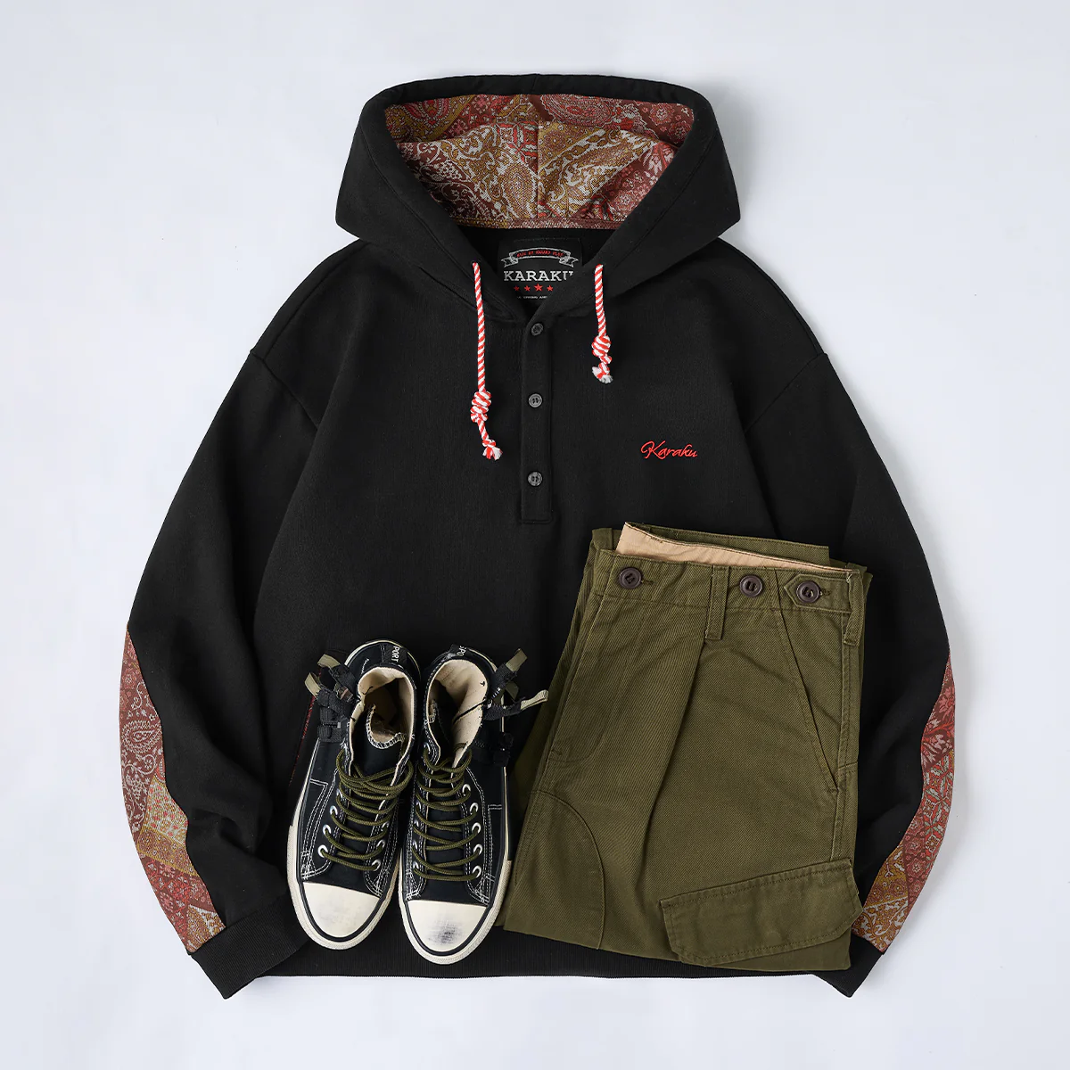 肘・裏地古布調プリント切替 オリジナルフードヒモ付きハーフボタンフードパーカー - Image 14