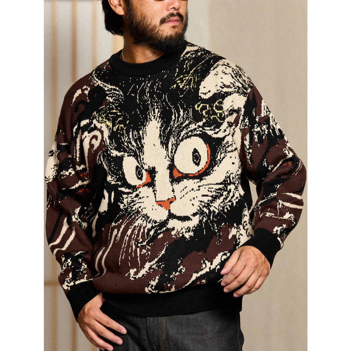 民間伝承「化け猫」浮世絵風ジャガードニットセーター - Image 6