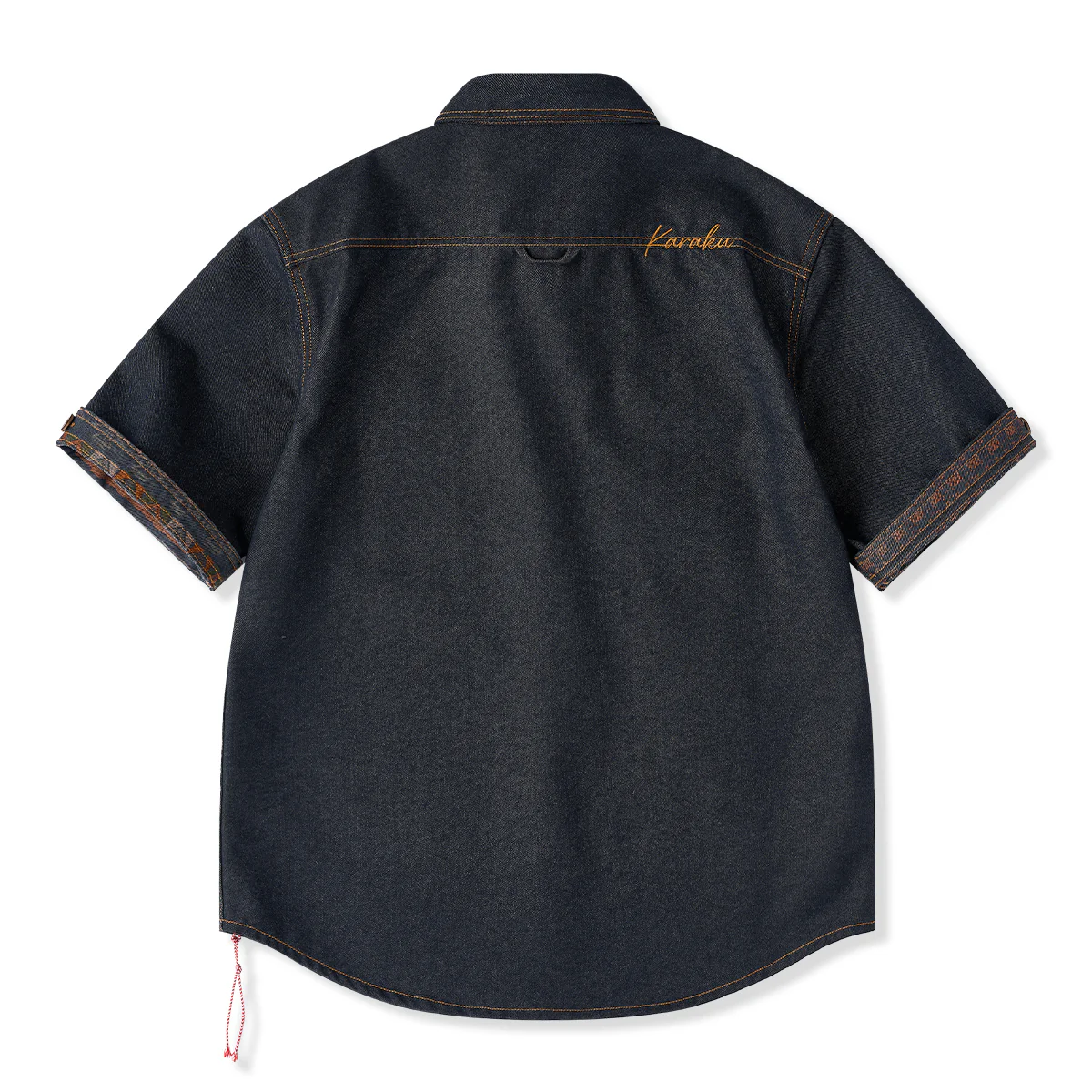 「KaraKu」ロゴ刺繡 紅白ヒモ付き裏エスニック調柄デニムシャツ - Image 2