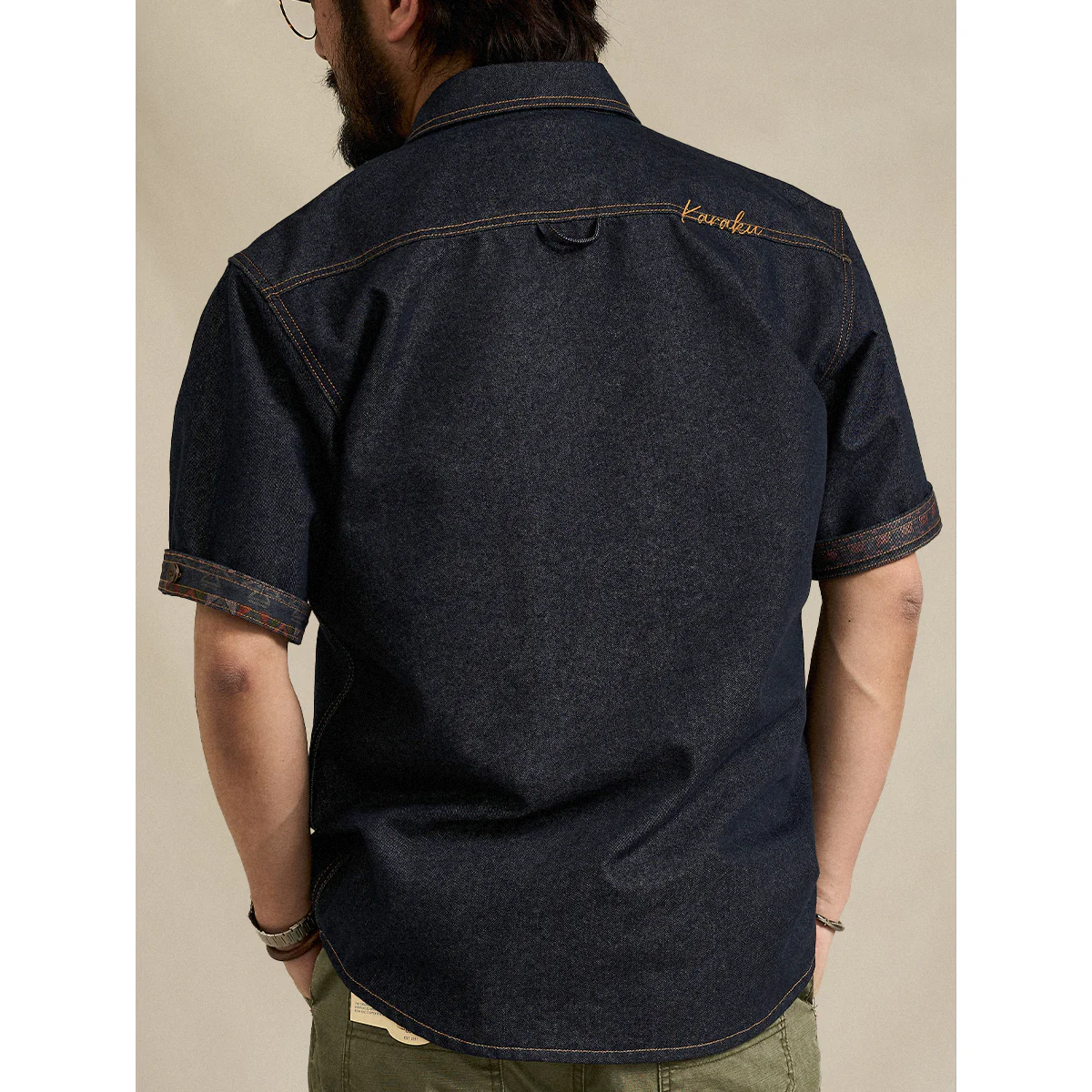 「KaraKu」ロゴ刺繡 紅白ヒモ付き裏エスニック調柄デニムシャツ - Image 8