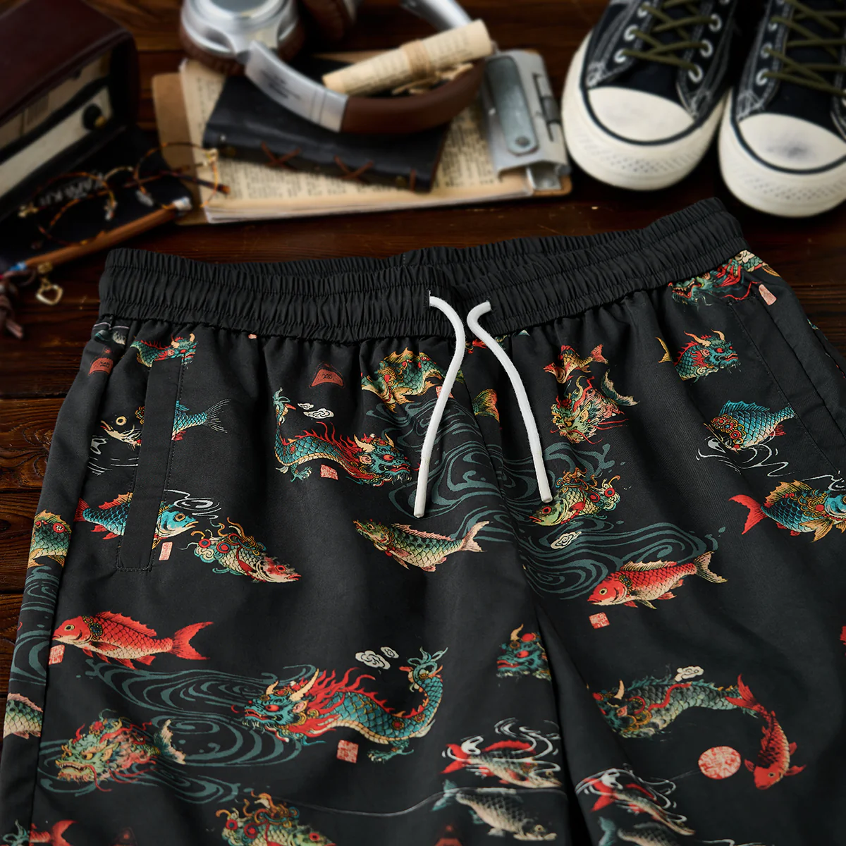 「山海経・魚化龍伝説」プリント入り　テンセルライクショートパンツ - Image 5