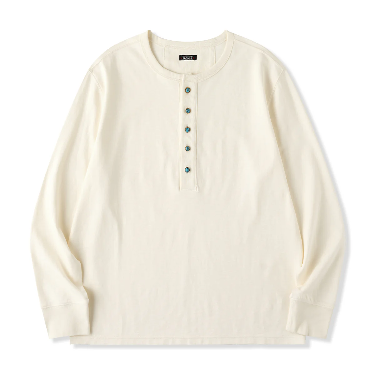 ターコイズ風5ボタン付き　ヘンリーネック長袖Tシャツ